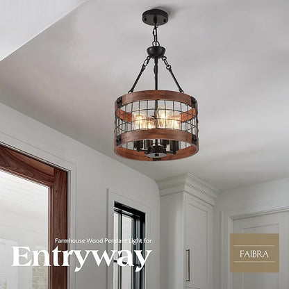 4-Light Farmhouse Drum Wood Pendant Light,14.5'' Vintage Rustic Brown Oak Wood Chandeliers,Retro Industrial Hanging Light Fixtures for Dining Room Entryway, Bedroom