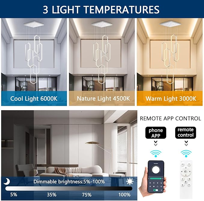 6 Rings Modern Chandelier LED Dimmable Long Large High Ceiling Chandelier Adjust Flush Mount Ceiling Light for Foyer Lobby Living Room Staircaes Sliver