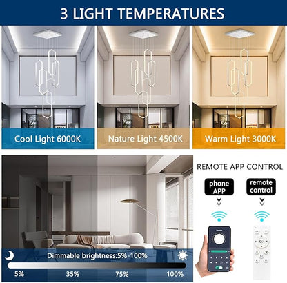 6 Rings Modern Chandelier LED Dimmable Long Large High Ceiling Chandelier Adjust Flush Mount Ceiling Light for Foyer Lobby Living Room Staircaes Sliver