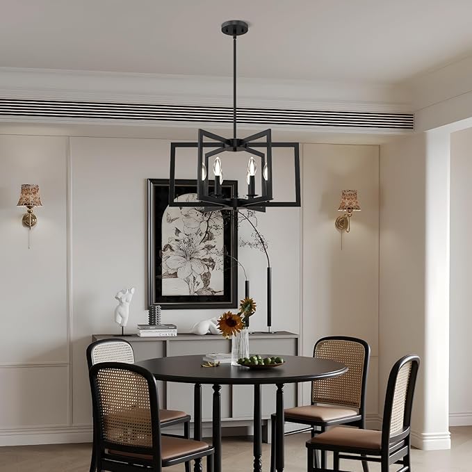 Modern Black Chandelier, 6-Light Geometric Dining Room Light Fixture, Industrial Pendant Lights Kitchen Island, Hanging Metal Farmhouse Chandeliers for Dining Room Entryway Foyer Bedroom Kitchen