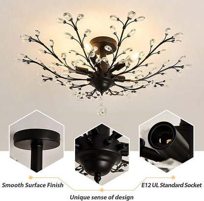 CVKASH 5 - Light Vintage Small Crystal Chandelier Modern Semi Flush Mount Ceiling Light Fixture Chandelier Lighting for Kitchen Bedroom Living Room Dining Room Hallway Foyer（Black）