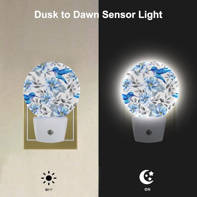 EKOBLA Hummingbird Night Light, Blue Bird Peony Flower Plug into Wall with Dusk to Dawn Light Sensors, Warm Nightlights for Bedroom, Bathroom, Hallway, Kitchen, Gifts for Girls Women