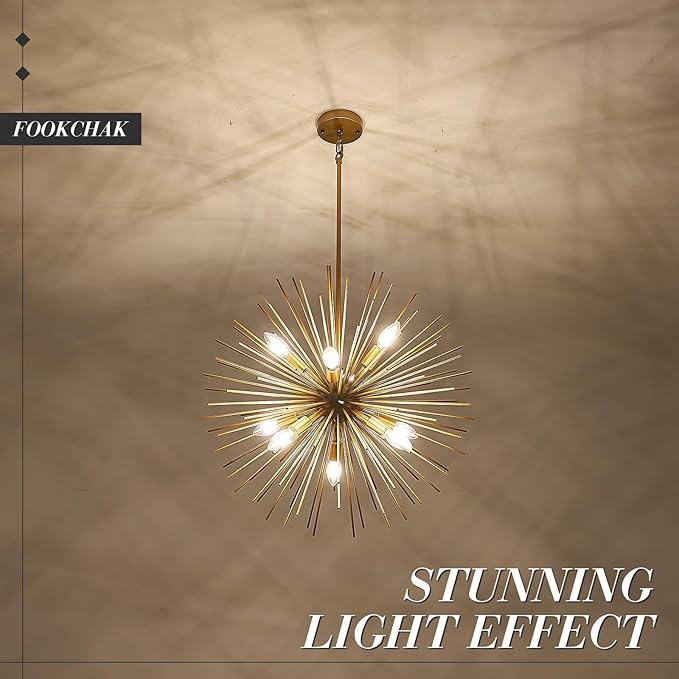 24in Gold Sputnik Chandelier 9-Light Starburst Chandelier Light Fixture Solid Metal Mid-Century Modern Satellite Light Fixture for Dining Room Bedroom Bathroom Entryway Kitchen Island