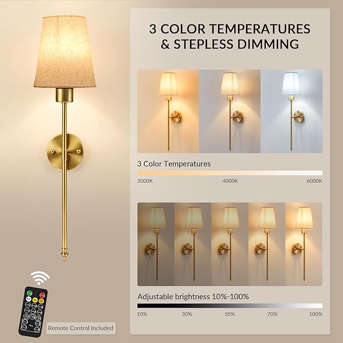 Battery Operated Wall Sconces Set of 2, Wireless Rechargeable Wall Lights with Remote, 5200mAh Dimmable LED Bulbs, 3 Color Temperatures, Gold Wall Sconce for Bedroom, Living Room, Hallway, 24 Inch