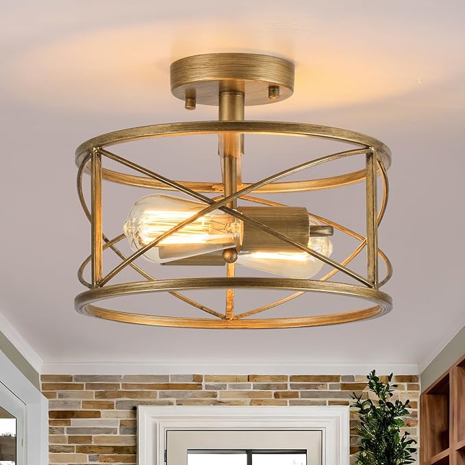 2-Light Semi Flush Mount Brushed Brass Ceiling Light Fixture, Farmhouse Industrial Metal Cage with Adjustable Height, Dimmable for Hallway Entryway Kitchen Bedroom Foyer Laundry Low Ceiling