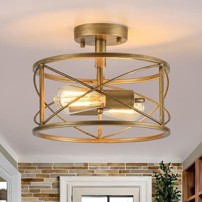 2-Light Semi Flush Mount Brushed Brass Ceiling Light Fixture, Farmhouse Industrial Metal Cage with Adjustable Height, Dimmable for Hallway Entryway Kitchen Bedroom Foyer Laundry Low Ceiling