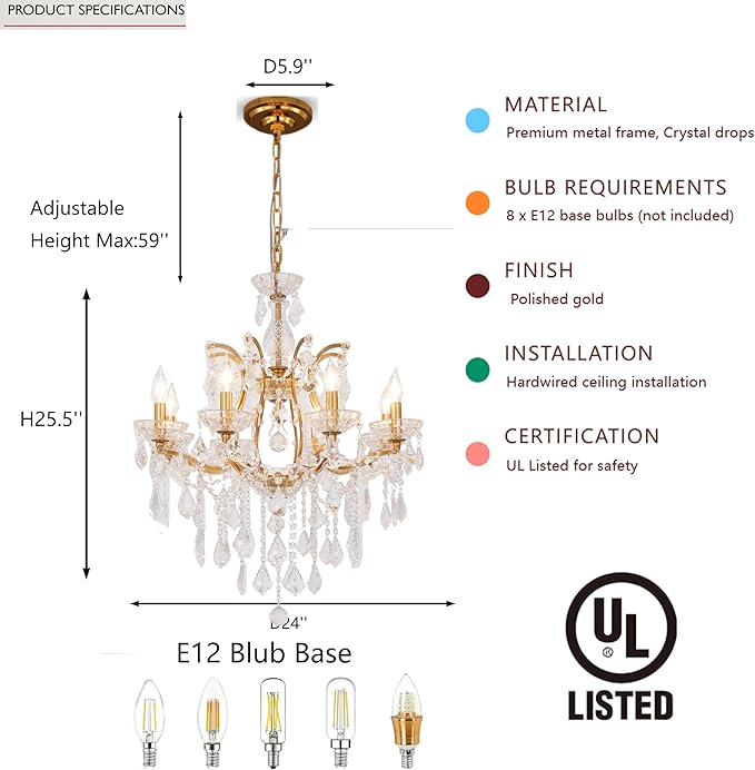 8-Light Crystal Chandelier Gold Finish Modern Luxury Antique Flush Mount Chandelier with Crystal Drops Prisms Beads, Elegant Dining Room Living Room Entryway Foyer Ceiling Light Fixture