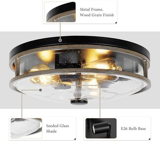 16 Inch Large Flush Mount Ceiling Light Fixture with Seeded Glass, Wood Grain Round Ceiling Lamp Shade, Modern Farmhouse Indoor Outdoor Ceiling Lighting for Kitchen Dining Living Room Foyer