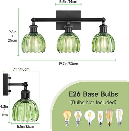 Bathroom Lighting Fixtures Over Mirror,3 Light Vintage Vanity Light,20 in Antique Black Bathroom Sconce with Green Tulip Glass Shade for Bedroom Living Room,Dressing Table,Hallway,E26 Base