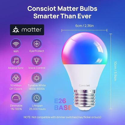 Consciot Smart Light Bulbs, WiFi Bluetooth Color Changing LED Light Bulb, A19 E26 RGBTW Light Bulbs That Works with Alexa/Google Home/Apple Home/Siri, Music Sync, 60W Equivalent Smart Bulb, 6 Pack