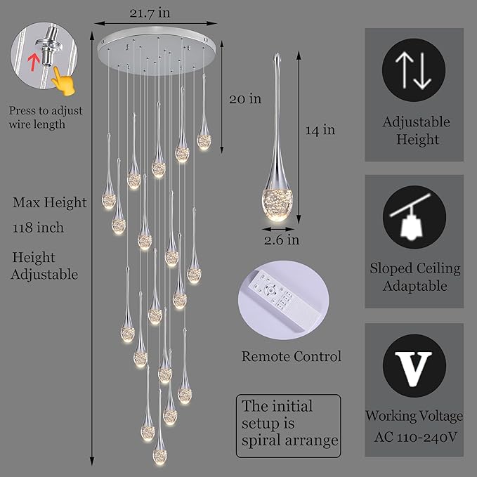 Modern Crystal Staircase Chandelier Polished Chrome 18-Lights, H118'' Large High Ceiling Spiral Dimmable LED Raindrop Foyer Entryway Light Fixture Remote Control