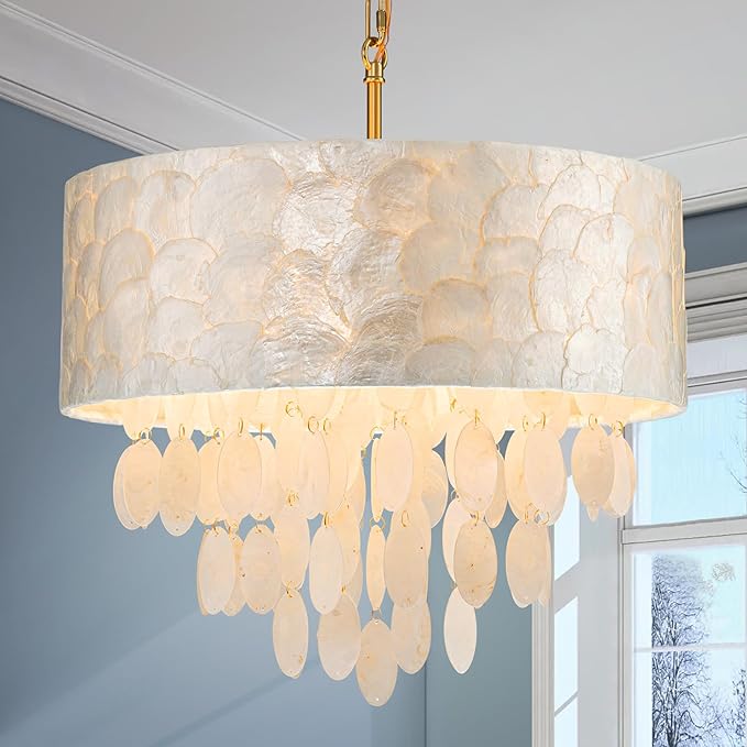LumFurn 4-Light Drum Capiz Shell Chandeliers, Coastal Style Pendant Light Fixture for Dining Room, Living Room, D18 x 21~68"(Adjustable Height), Shell Lampshade & Gold Finish