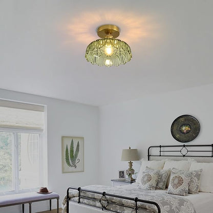 Semi Flush Mount Ceiling Light Mid Century Modern Floral Green Glass Shade, Close to Ceiling Lighting Fixtures for Bedroom, Bathroom, Kitchen, Closet Laundry Room, Foyer and Hallway 9.45 in