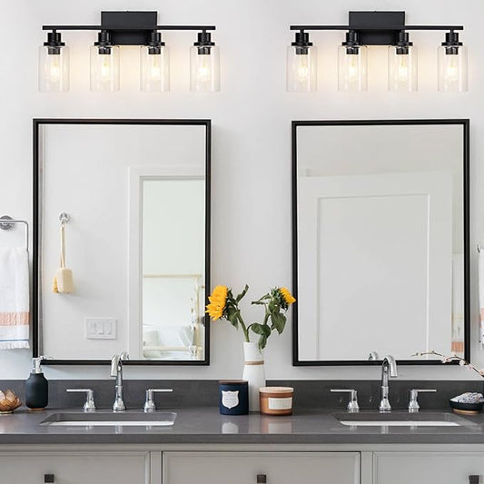 4 Light Black Bathroom Vanity Light Fixture Over Mirror Modern Farmhouse Wall Lighting Sconces Industrial Wall Lamp for Bathroom Bedroom Living Room E26 Socket with Glass Shade