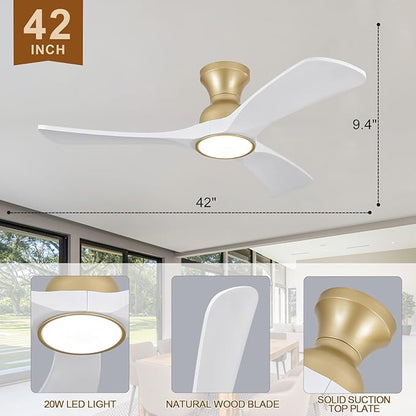 White Gold Ceiling Fans with Lights Flush Mount,42 inch Solid Wood,Remote Control,Wall Switch,Dimmable,Reversible,Power Off Memory Modern Ceiling Fan Indoor/Outdoor for Bedroom Patios