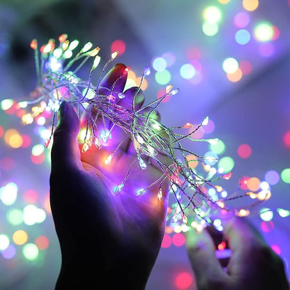 Minetom Fairy Lights Plug in, 10Feet 200LED Cluster String Lights, Silver Wire Waterproof Starry Firecracker Lights for Ceiling Bedroom Wreath Window Wedding Christmas Tree Decorations, Multicolor