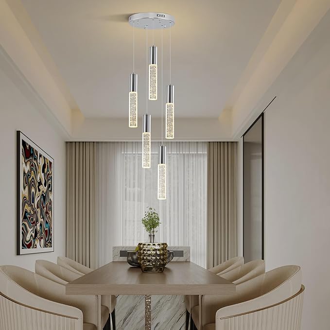 Modern Crystal Chandelier for Kitchen Island 5-Lights, Elegant Chrome LED Bubble Pendant Lighting Fixture for Dining Room Bedroom Entryway