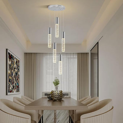 Modern Crystal Chandelier for Kitchen Island 5-Lights, Elegant Chrome LED Bubble Pendant Lighting Fixture for Dining Room Bedroom Entryway