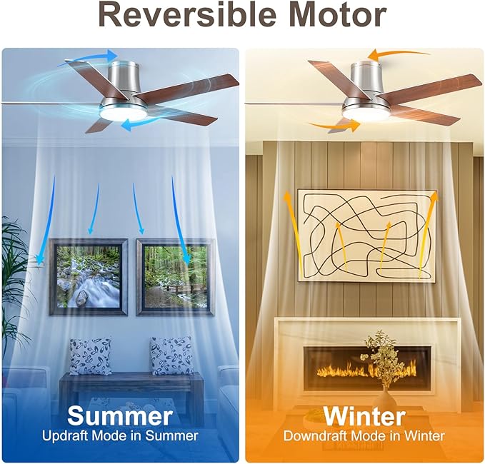52 Inch Ceiling Fans with Lights and Remote,Nickel Flush Mount Ceiling Fan,Quiet 6 Speed Reversible DC Motor,3CCT Dimmable LED,3 Timers-Low Profile Design for Bedroom Kids Room Living Room