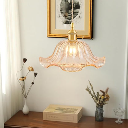 Plug in Pendant Light Vintage, Adjustable Pulley Hanging Lamp with Amber Lily Glass Shade, Brass Hanging Lights with Plug in Cord for Bedroom Kitchen, Compatible with Indoor Plant Grow Light Bulbs