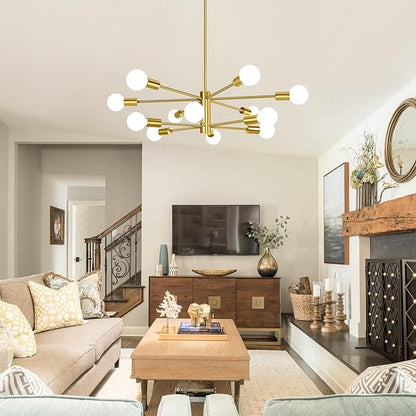 BesLowe 31'' 12-Light Modern Sputnik Chandelier, Mid Century Gold Chandeliers Lighting, Farmhouse Ceiling Hanging Light Fixture for Dining Room Bedroom Living Room Kitchen Foyer, Height Adjustable