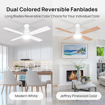 Consciot Ceiling Fan With Lights, 52 Inch Modern Low Profile Ceiling Fan, Remote Control, Quiet Reversible DC Motor, Dimmable 3 Color, 4 Double Finish Blades, Flush Mount, Indoor Only, White
