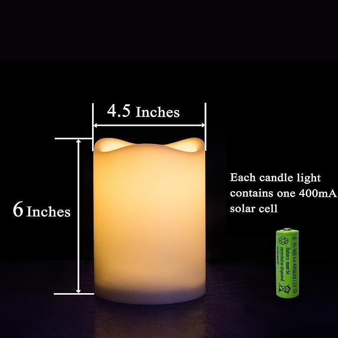 Large Solar Candles Outdoor Waterproof, 4.5" x 6" Ivory White Flameless Candles, Dusk to Dawn Light Sensor, LED Rechargeable Pillar Solar Candles for Outdoor Lanterns, Patio Decor, Set of 2