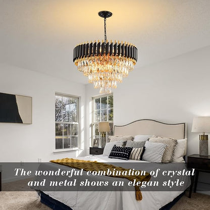 Gold Modern Crystal Chandelier 5-Tier Round Living Room Chandelier Light Fixture Black Large Crystal Chandeliers Pendant Ceiling Light Fixture for Dining Room Bedroom Entryway Staircase Foyer W24in