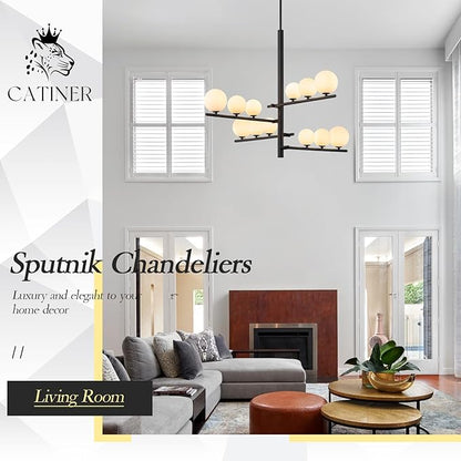 CATINER 12 Lights L36”Black Sputnik Chandeliers Mid Century Modern Chandelier for Dining Room Ceiling Pendant Lighting with Milk Glass Globe Shades for High Ceiling Foyer Living Room