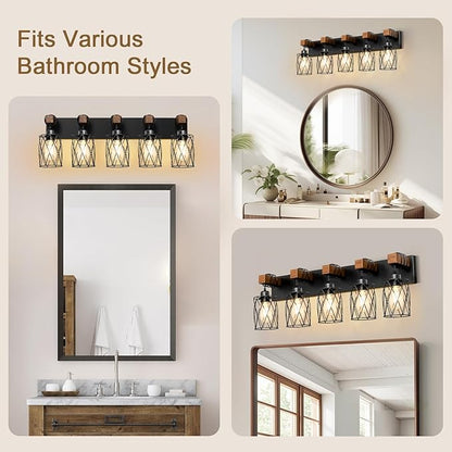 IZORRO Farmhouse Bathroom Vanity Light, 5-Light Wood Bathroom Light Fixtures Over Mirror, Black Industrial Vanity Lights with Metal Shade, Rustic Restroom Lighting Fixtures