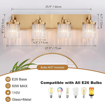 Modern Crystal Bathroom Light Fixtures, 4 Light Gold Vanity Lights, with Crystal Glass Shade, Industrial Bathroom Lighting Fixtures Over Mirror Wall Light for Bedroom Living Room