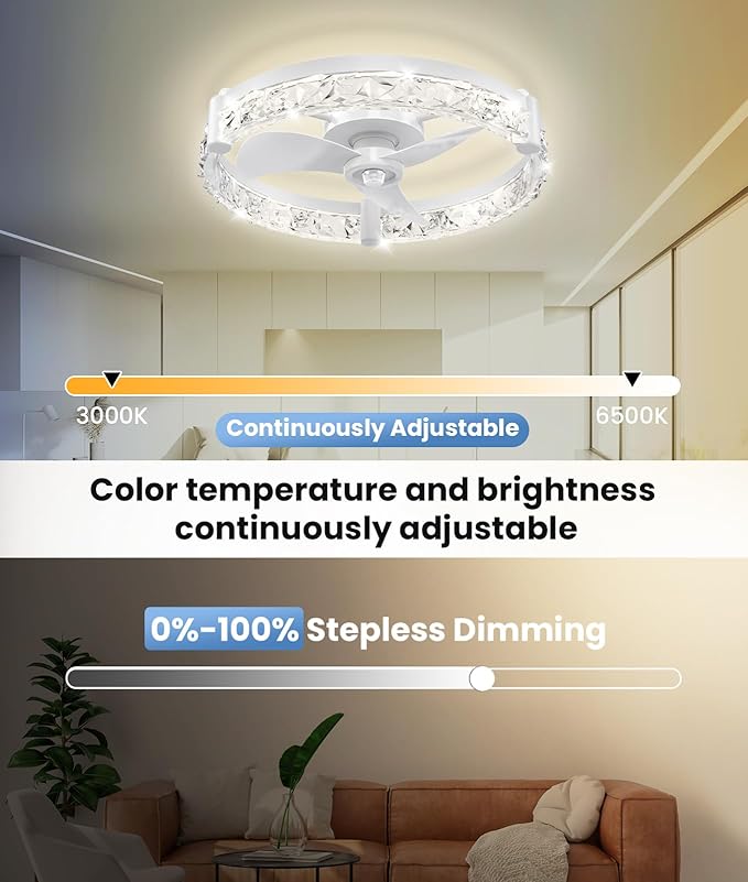 Ceiling Fans with Lights and Remote App 20'' Low Profile Ceiling Fan 3000-6500K Dimmable Modern Flush Mount Ceiling Fan Light LED 6 Speeds Fandelier Ceiling Fans for Bedroom Small Living Room