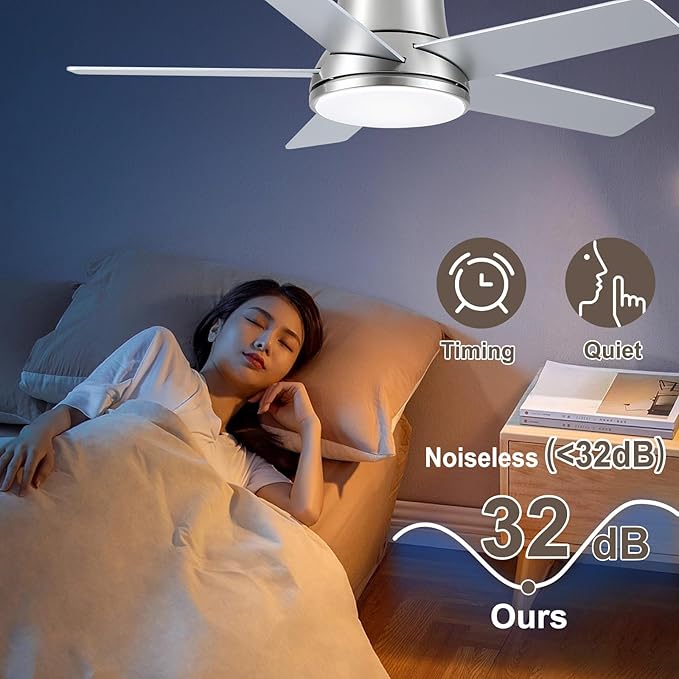 42 Inch Ceiling Fans with Lights and Remote, Flush Mount Nickel Ceiling Fan for Bedroom Living Room Indoor/Outdoor, Quiet 6 Speed Reversible DC Motor, 3CCT, Dual Color 5 Blades, ETL Listed