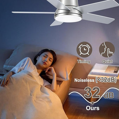 42 Inch Ceiling Fans with Lights and Remote, Flush Mount Nickel Ceiling Fan for Bedroom Living Room Indoor/Outdoor, Quiet 6 Speed Reversible DC Motor, 3CCT, Dual Color 5 Blades, ETL Listed