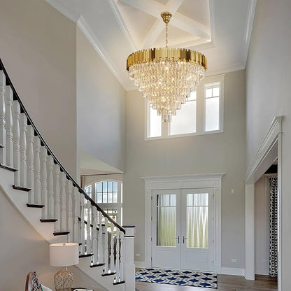 Gold Crystal Chandelier 40” 8-Tier Modern Round K9 Crystal Ceiling Light, Height Adjustable 16-Light Luxury Pendant Lighting for High Ceiling Dining Room Living Room Foyer Staircase
