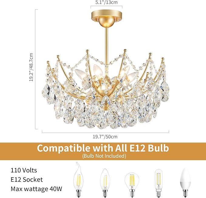 ANJIADENGSHI Crystal Chandelier Ceiling Light, Modern Semi Flush Mount Ceiling Light Fixture, Gold Hallway Lighting Fixtures Chandelier for Bedroom Bathroom Entryway Kitchen