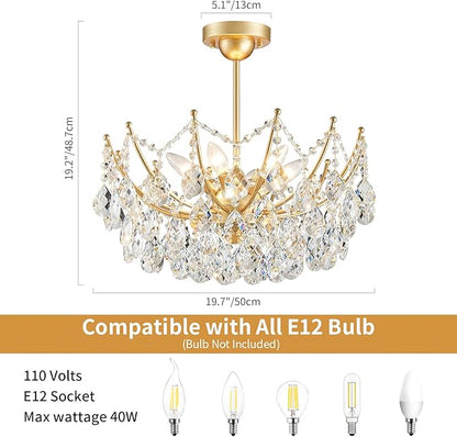ANJIADENGSHI Crystal Chandelier Ceiling Light, Modern Semi Flush Mount Ceiling Light Fixture, Gold Hallway Lighting Fixtures Chandelier for Bedroom Bathroom Entryway Kitchen