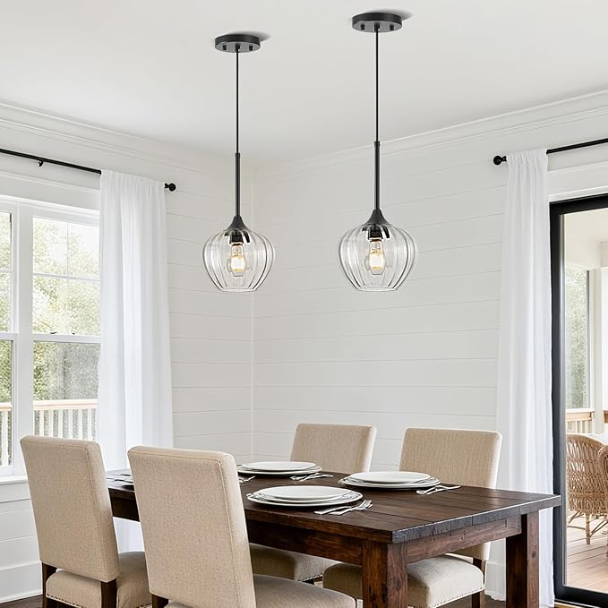 2Pack Glass Pendant Light Kitchen Island, 7inch Modern Black Pendant Lights Fixture Small Farmhouse Pendant Hanging Lighting for Dining Room Sink Bathroom Bar Restaurant