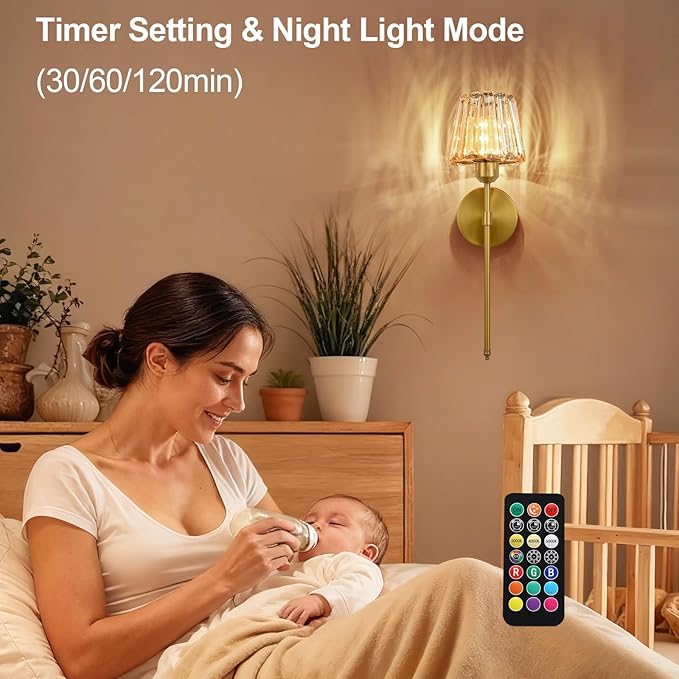 Battery Operated Crystal Wall Sconce Set of 2, Amber Rechargeable Wireless Wall Sconces with Remote Dimmable 12 Colors Modes Led Wall Lights for Bedroom Living Room Hallway, 2 Bulbs Included