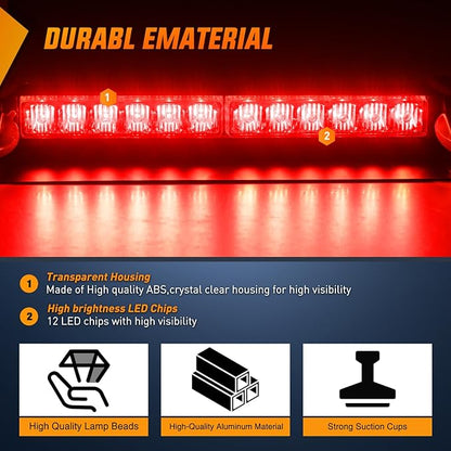 Nilight 12LED Traffic Advisor Strobe Light Bar Red Emergency Warning Hazard Safety Dash Front/Rear Windshield Flashing Lights for Cars Trucks Police Firefighter Plow Construction Vehicles