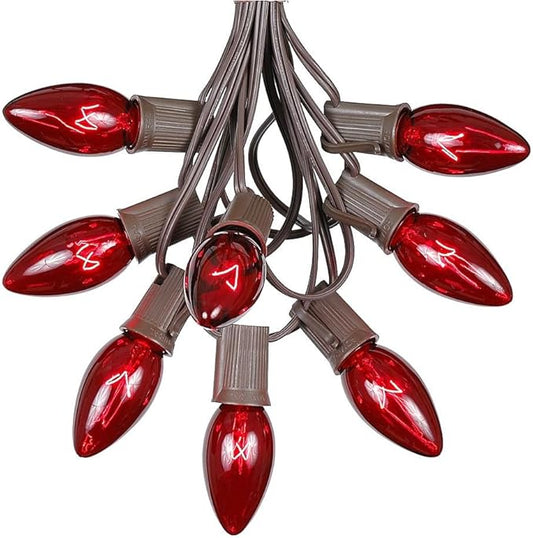 Novelty Lights C9 Red Christmas String Light Set - Outdoor Christmas Light String - Hanging Christmas Lights - Roofline Light String - Outdoor Patio String Lights - Brown Wire - 25 Foot