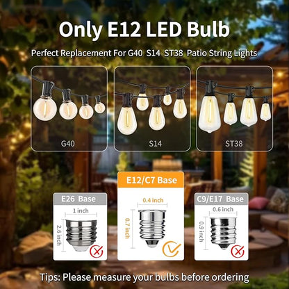 ST38 Replacement LED Light Bulbs, Shatterproof & Waterproof 0.6W ST38 LED Bulbs, Outdoor String Lights, E12 Base Patio Edison LED Light Bulbs, Warm White 2200K Plastic 40LM Non-Dimmable 25 Pack