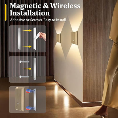 4 Pack Rechargeable Wall Sconce: Battery Operated Motion Sensor Wall Light with Remote, Magnetic Motion Sensor Stair Light Indoor, 3CCT Dimmable Wireless Wall Lamp for Bedroom Hallway Closet, Beech