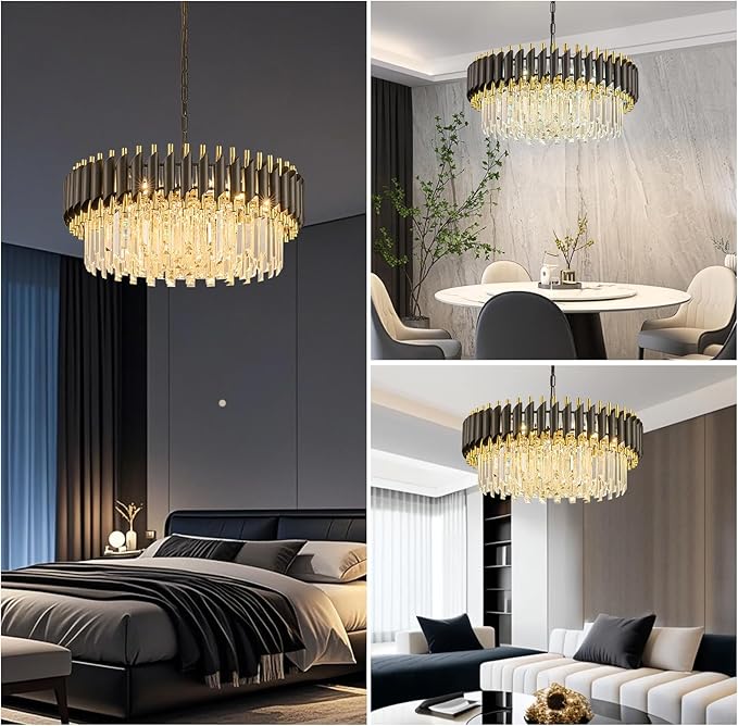Black and Gold Crystal Chandelier Contemporary 24" with 5-Tier Modern Living Room Chandeliers K9 Crystal Ceiling Lights Fixtures for Dining Room Living Room Bedroom Foyer