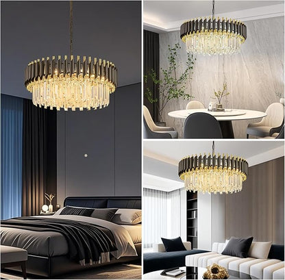 Black and Gold Crystal Chandelier Contemporary 24" with 5-Tier Modern Living Room Chandeliers K9 Crystal Ceiling Lights Fixtures for Dining Room Living Room Bedroom Foyer