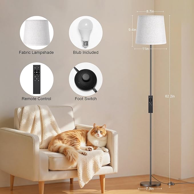 SIBRILLE Floor Lamp with Linen Shade - 62" Dimmable LED Standing Lamp with Remote Control, 9W E26 Bulb Included, 3000-6000K, Modern Floor Reading Light for Bedroom Living Room Office Corner, Black