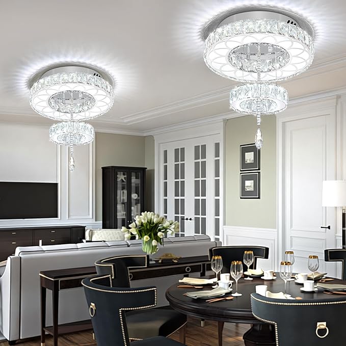 Flashing God Dia 16" Mini Chandelier Modern Crystal Chandeliers for Hallway LED Dimmable Flush Mount Ceiling Light for Dining Room Living Room Bedroom