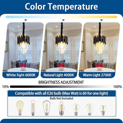 Modern Black Crystal Chandelier 2-Tier Round Pendant Lighting Light Fixture Chandelier for Kitchen Island Entryway Bathroom BedHead Bedroom