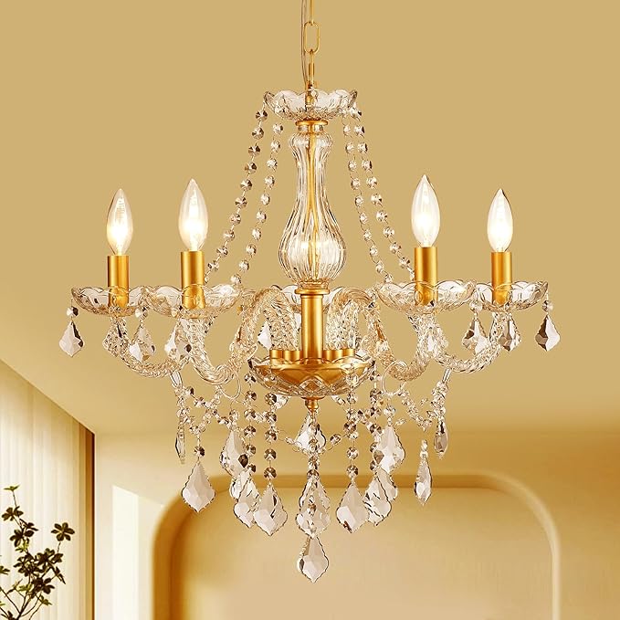 Gold Candle Crystal Glass Dining Room Chandelier 5-Light Pendant Ceiling Lighting Fixture for Kitchen Hallway Living Room Bedroom Bar Closet, Luxury Contemporary Elegant Lamp, 23 Inch