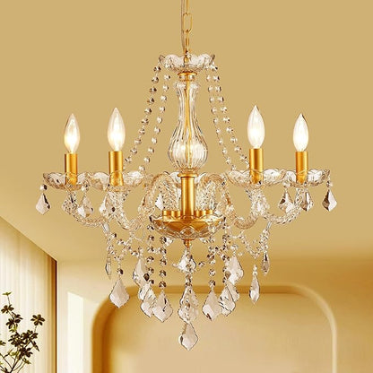 Gold Candle Crystal Glass Dining Room Chandelier 5-Light Pendant Ceiling Lighting Fixture for Kitchen Hallway Living Room Bedroom Bar Closet, Luxury Contemporary Elegant Lamp, 23 Inch